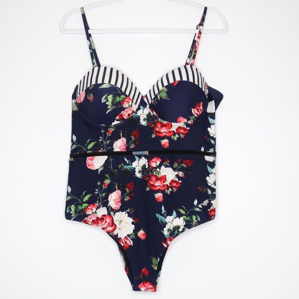 Cupshe One Piece Bathing Suit Size 2x Blue Floral Striped Feminine Nautical